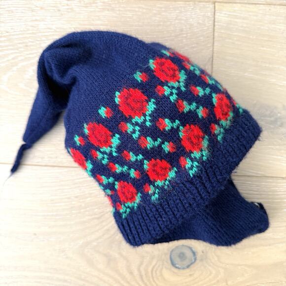Vintage Baby Navy Blue Red Rose Print Knit Winter Elf Hat Size 0-6 Mo. - Picture 1 of 6